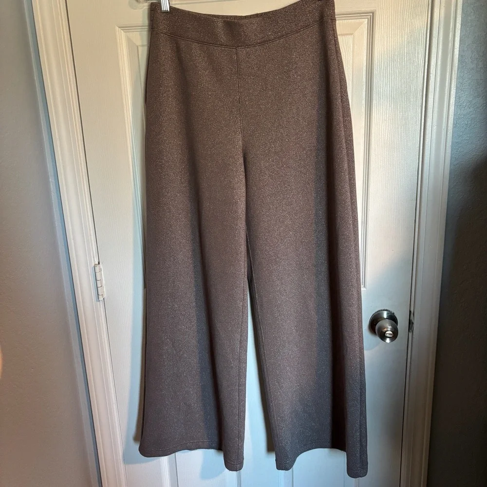 FLAWED Spanx Modern Shimmer Metallic Brown Taupe High Waist Wide Leg Pants Large - Picture 2 of 14